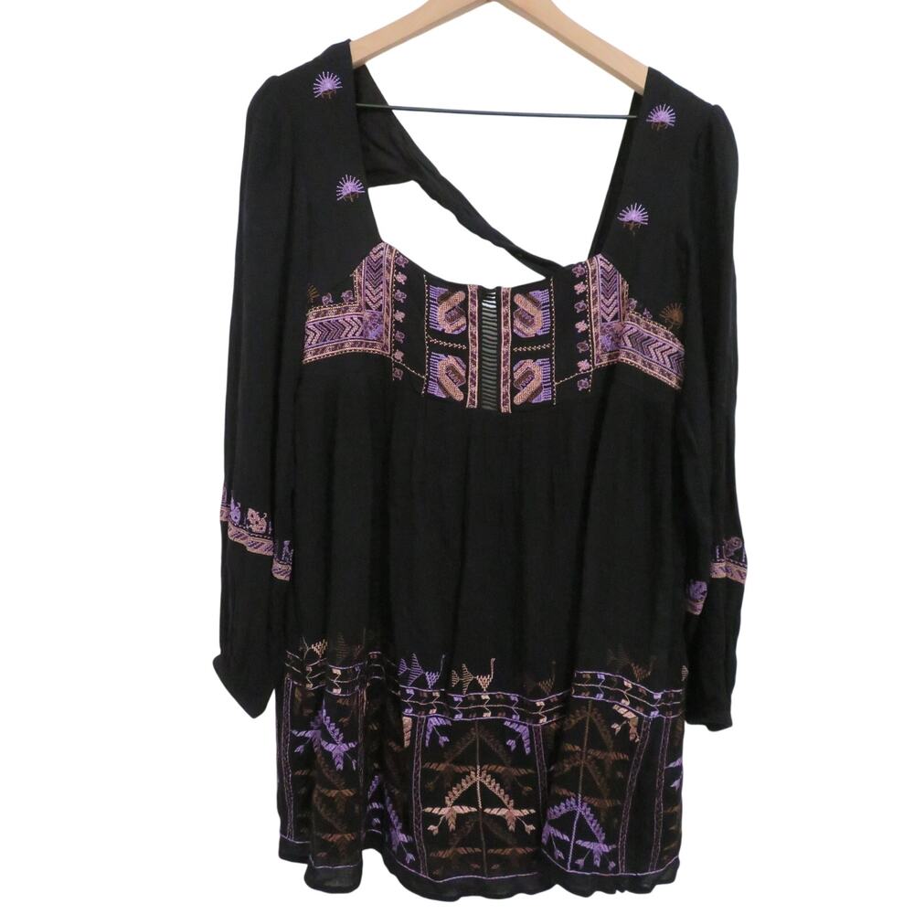 Free People Women Sz XS Rhiannon Black Embroidered Boho Long Sleeve Mini Dress
